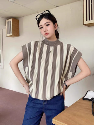 Turtle Neck Stripe Oversize Knitted Top