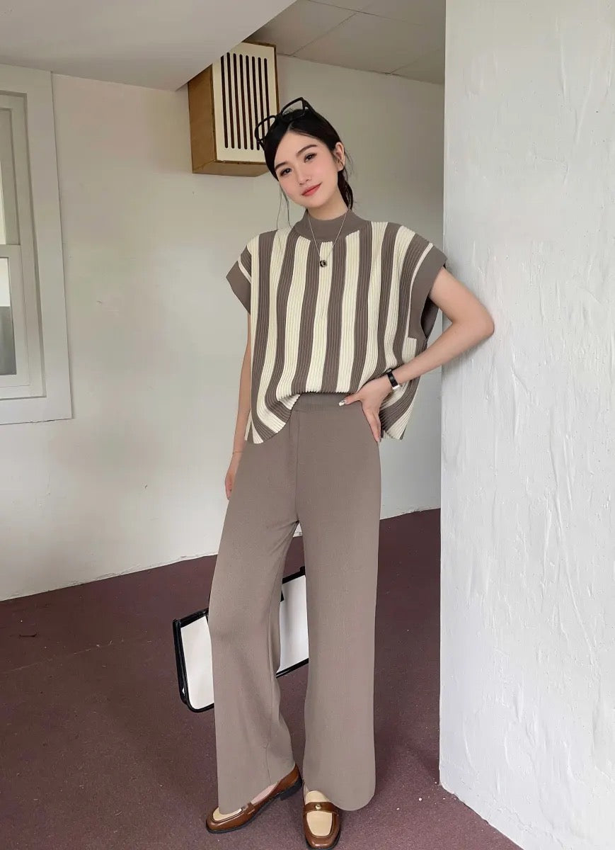 Turtle Neck Stripe Top & Garter Pants 2 in 1 Knitted Coords Terno Set