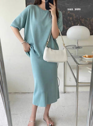 High Quality Side Split Knitted Loose Top & Back Slit Skirt 2 in 1 Coords Terno