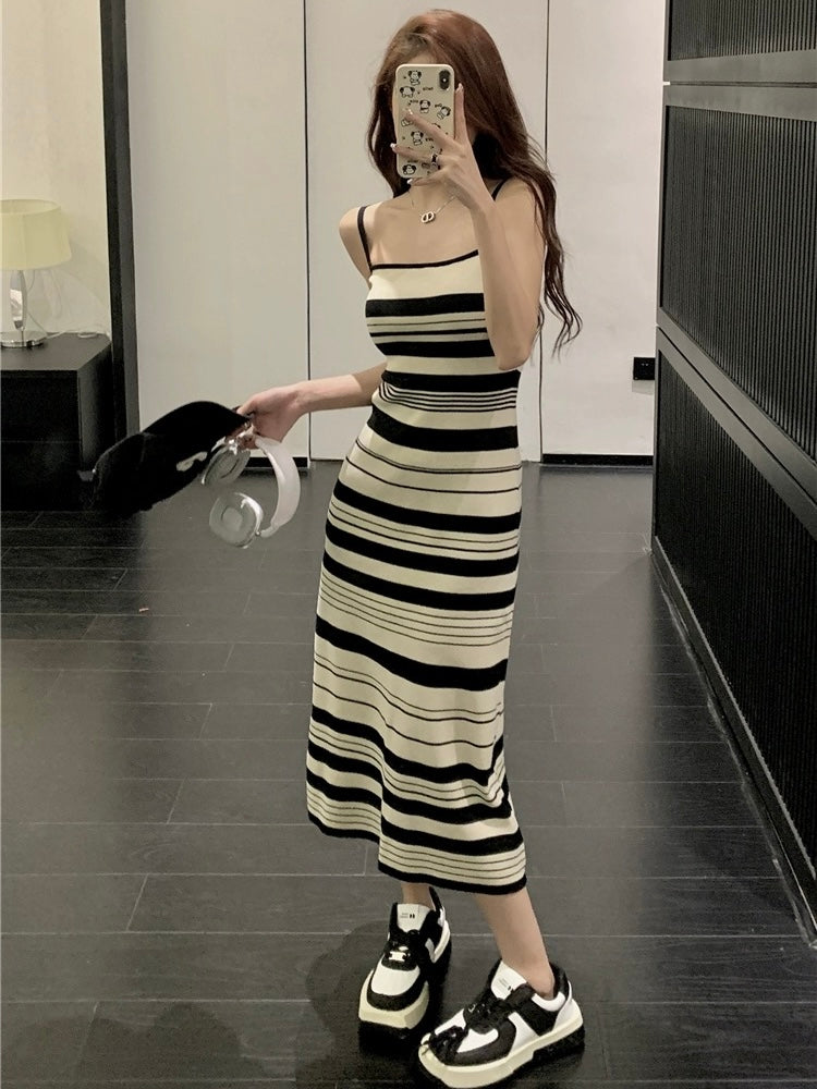 Stripe Pattern Simple Chic Knitted Cami Dress