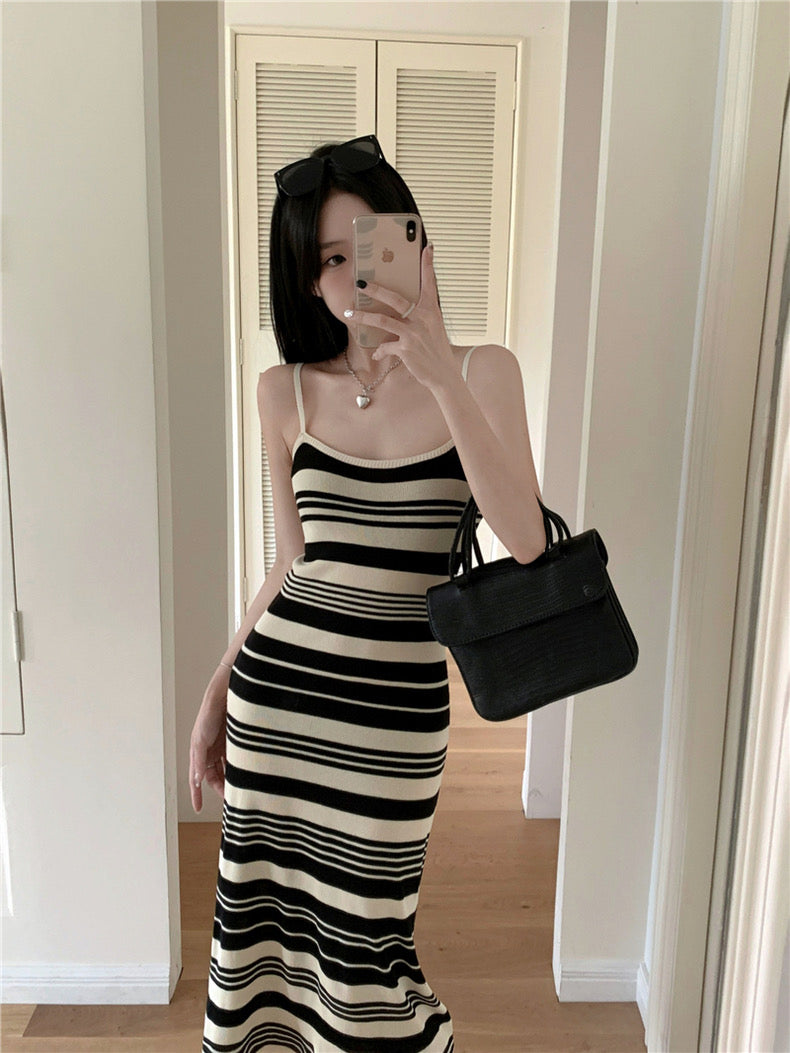 Stripe Pattern Simple Chic Knitted Cami Dress