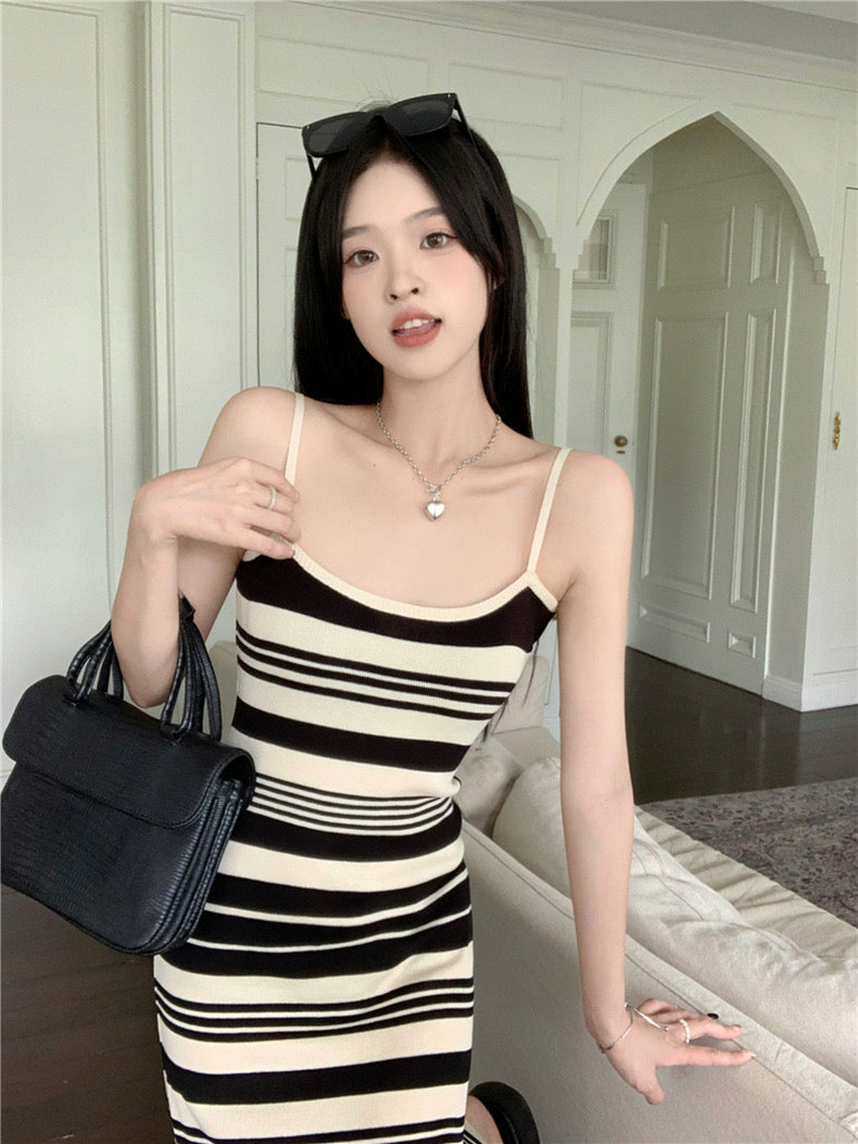 Stripe Pattern Simple Chic Knitted Cami Dress