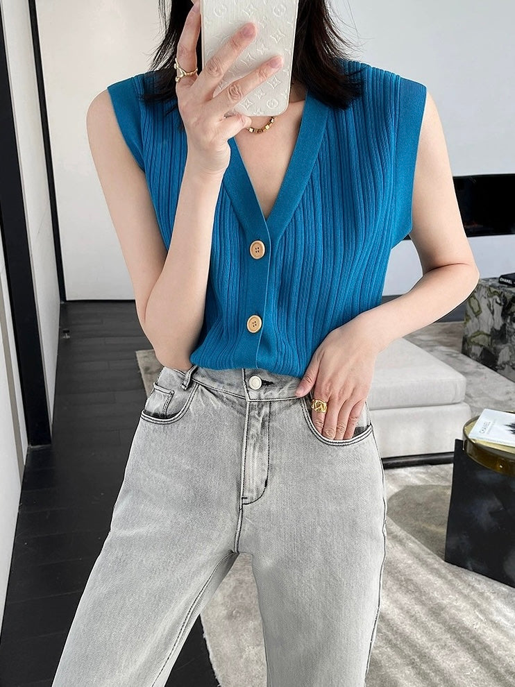 Button Down False Pocket Ribbed Knitted Oversize Sleeveless Top