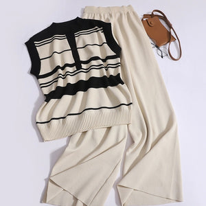 Button-up Front Stripe Top & Wide Leg Pants Oversize Knitted 2 in 1 Terno Set