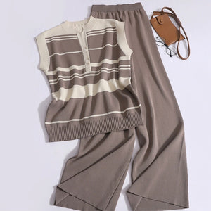 Button-up Front Stripe Top & Wide Leg Pants Oversize Knitted 2 in 1 Terno Set