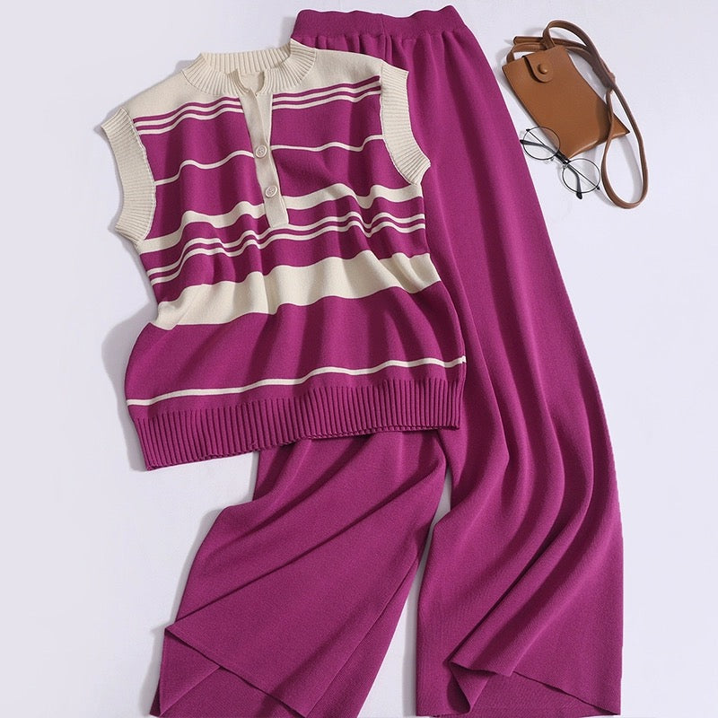 Button-up Front Stripe Top & Wide Leg Pants Oversize Knitted 2 in 1 Terno Set