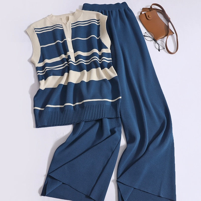 Button-up Front Stripe Top & Wide Leg Pants Oversize Knitted 2 in 1 Terno Set