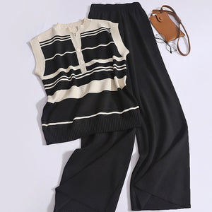 Button-up Front Stripe Top & Wide Leg Pants Oversize Knitted 2 in 1 Terno Set