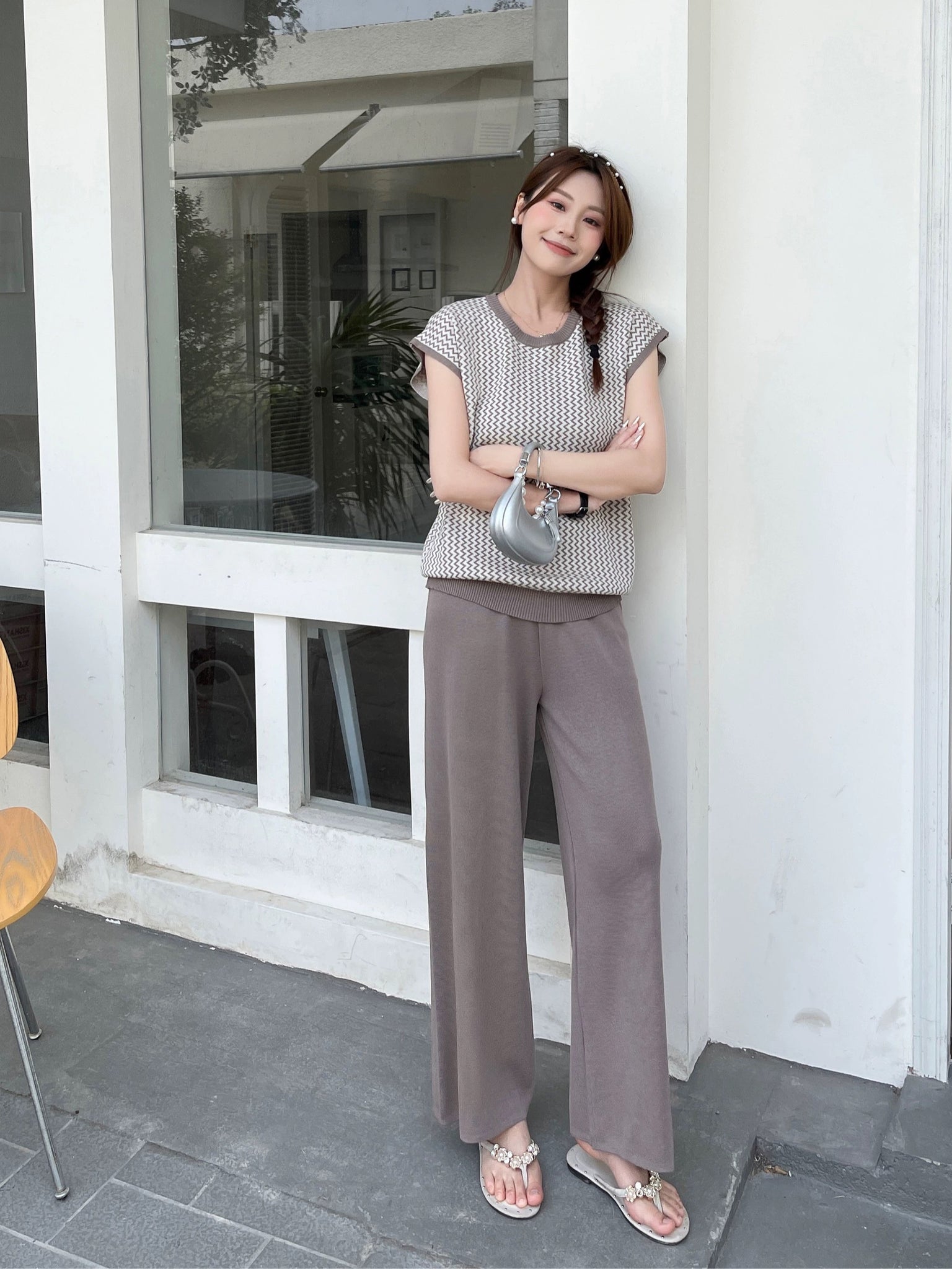 Geo Pattern Top & Wide Leg Garter Pants Oversize Knitted 2 in 1 Terno Set