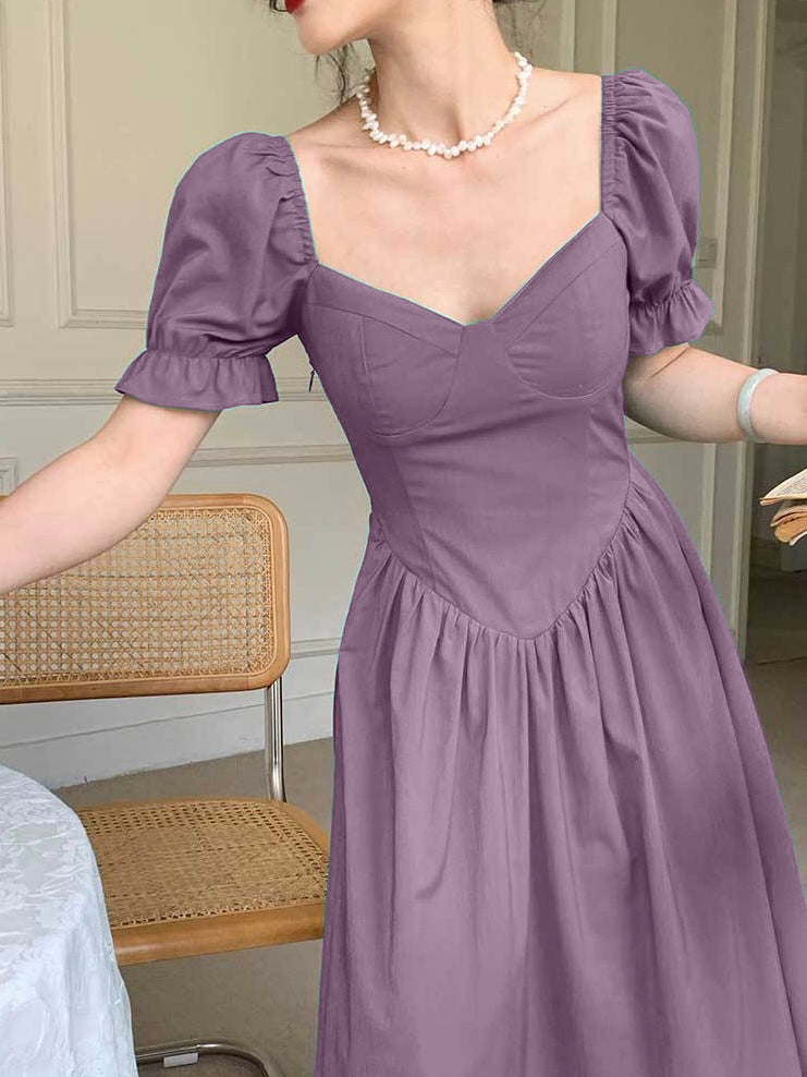 Shirred Back V-neck Elastic Sleeve Solid Dress