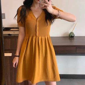 Button-down V-neck Combo Knitted Dress