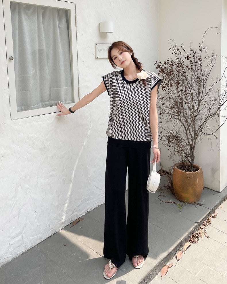 Geo Pattern Top & Wide Leg Garter Pants Oversize Knitted 2 in 1 Terno Set