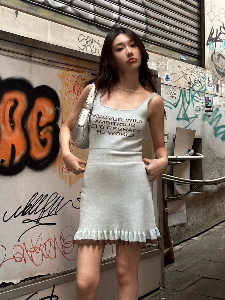 Word Pattern Ruffle Hem Shirred Waist Knitted Dress