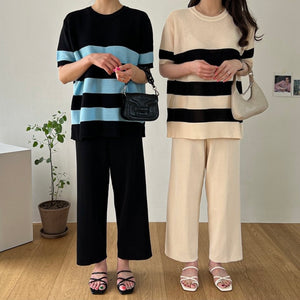 Stripe Pattern Side Slit Loose Top & Wide Leg Garter Pants Oversize Knitted Terno Set Coords