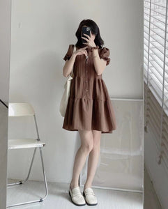 Button-up Polo Neck Elastic Sleeve Ruffle Hem Dress