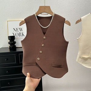 Button Down V-neck Non-working Pocket Knitted Vest Top