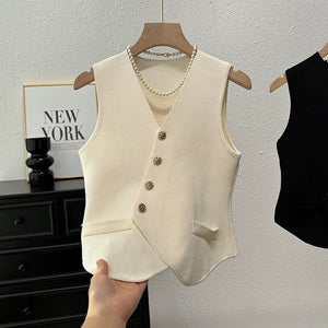 Button Down V-neck Non-working Pocket Knitted Vest Top