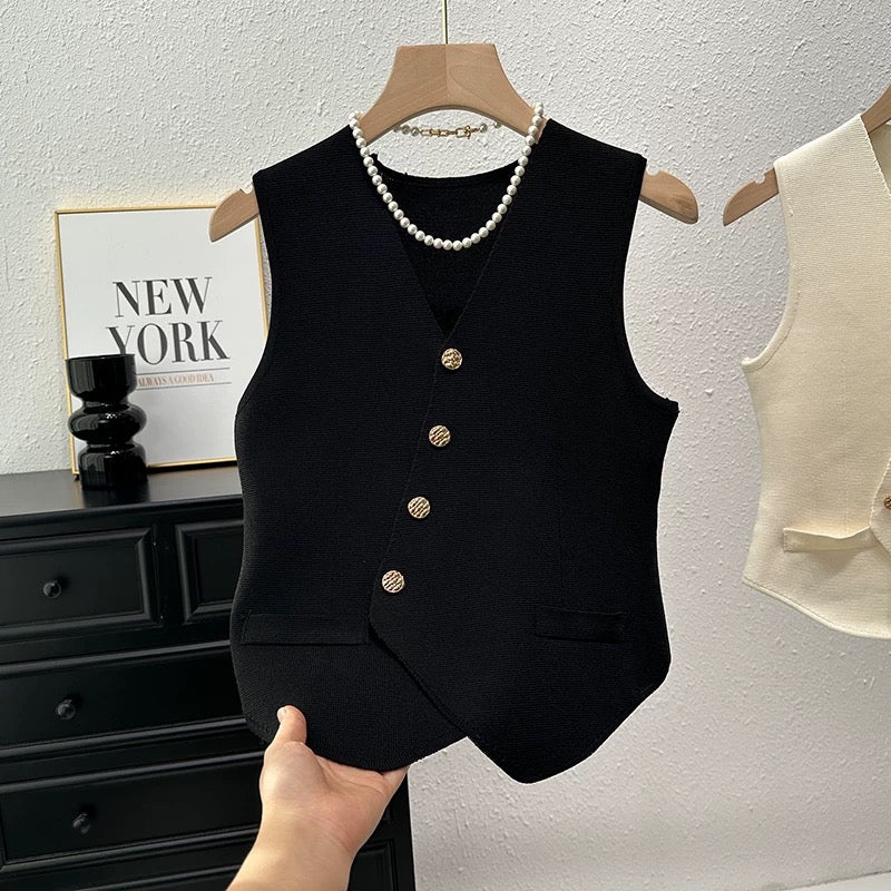 Button Down V-neck Non-working Pocket Knitted Vest Top