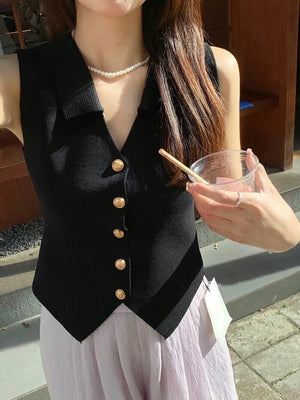 Button Down Collar Neck Knitted Vest Top