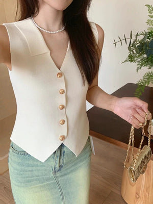 Button Down Collar Neck Knitted Vest Top