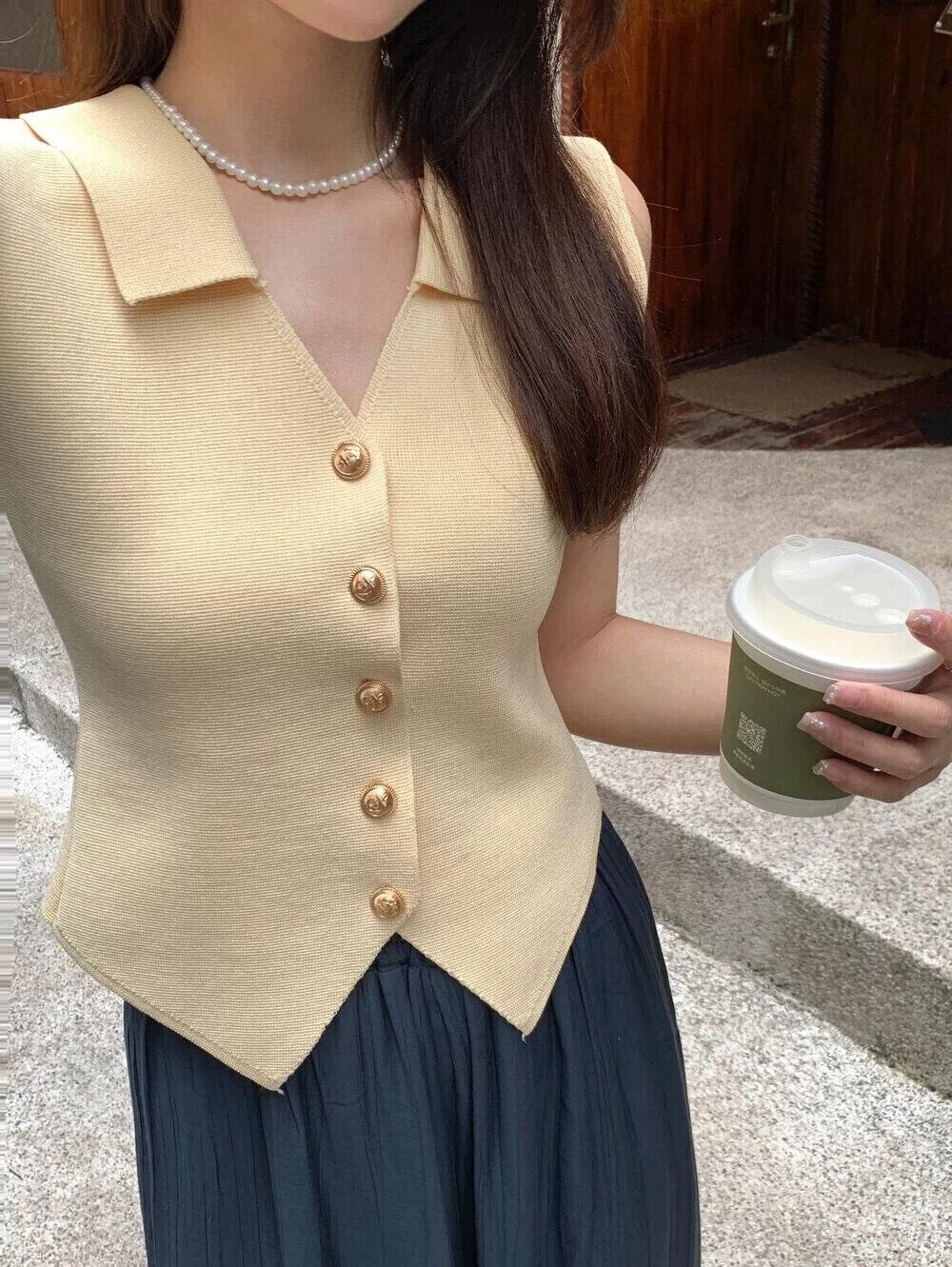 Button Down Collar Neck Knitted Vest Top