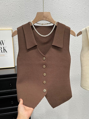 Button Down Collar Neck Knitted Vest Top