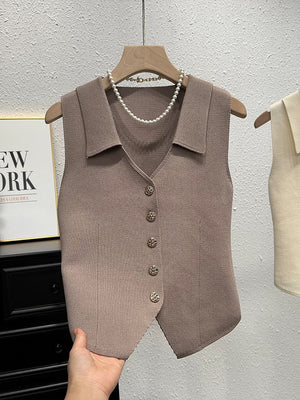 Button Down Collar Neck Knitted Vest Top