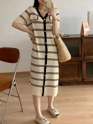 Metallic Buttons Detail Stripe Oversize Knitted Dress w/ non-working Side Pocket