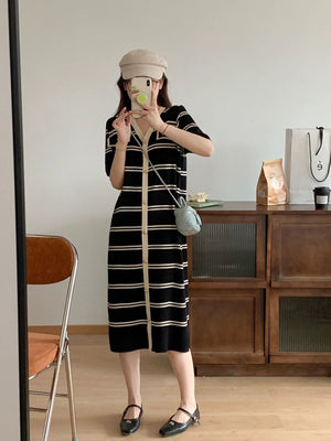 Metallic Buttons Detail Stripe Oversize Knitted Dress w/ non-working Side Pocket