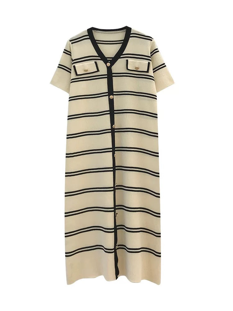 Metallic Buttons Detail Stripe Oversize Knitted Dress w/ non-working Side Pocket