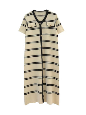 Metallic Buttons Detail Stripe Oversize Knitted Dress w/ non-working Side Pocket