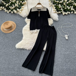 Zipper-up Collar Neck 2 Tone Top & Wide Leg Garter Pants Oversize Knitted Terno Set Coords