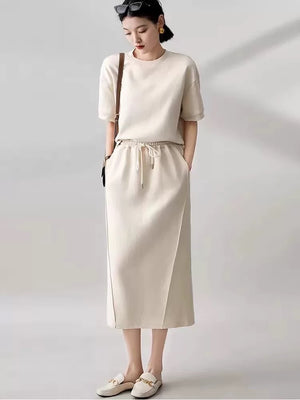 Round Neck Short Sleeve Top & Drawstring Garter Side Pocket Skirt Terno Set Coords
