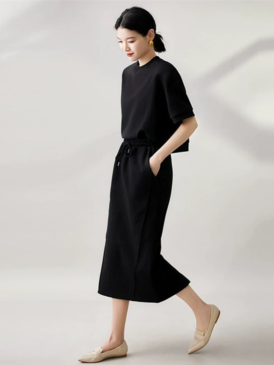 Round Neck Short Sleeve Top & Drawstring Garter Side Pocket Skirt Terno Set Coords