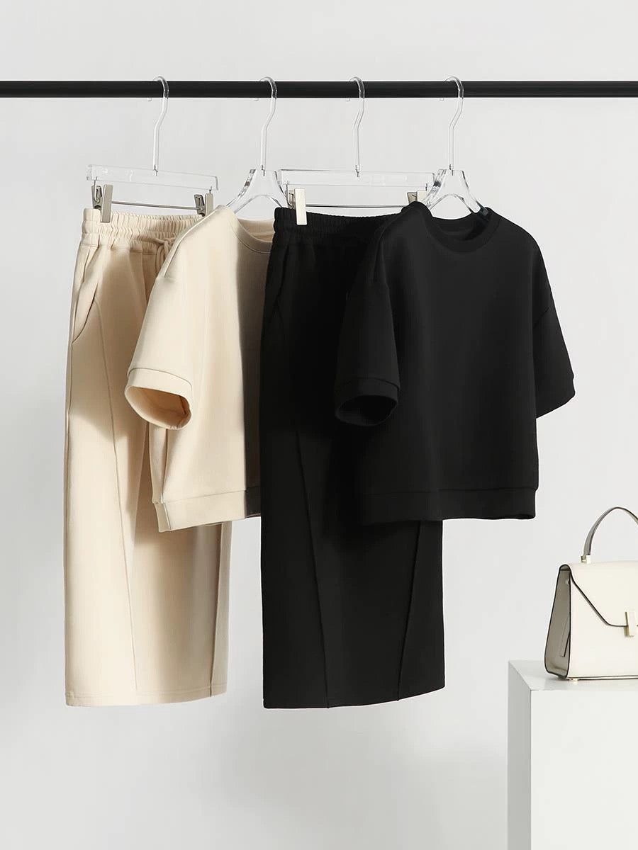 Round Neck Short Sleeve Top & Drawstring Garter Side Pocket Skirt Terno Set Coords