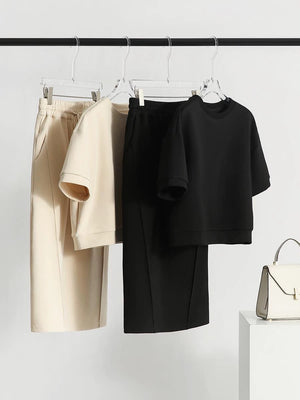Round Neck Short Sleeve Top & Drawstring Garter Side Pocket Skirt Terno Set Coords