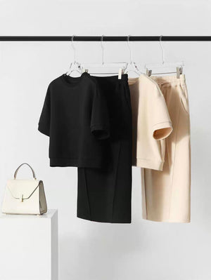 Round Neck Short Sleeve Top & Drawstring Garter Side Pocket Skirt Terno Set Coords