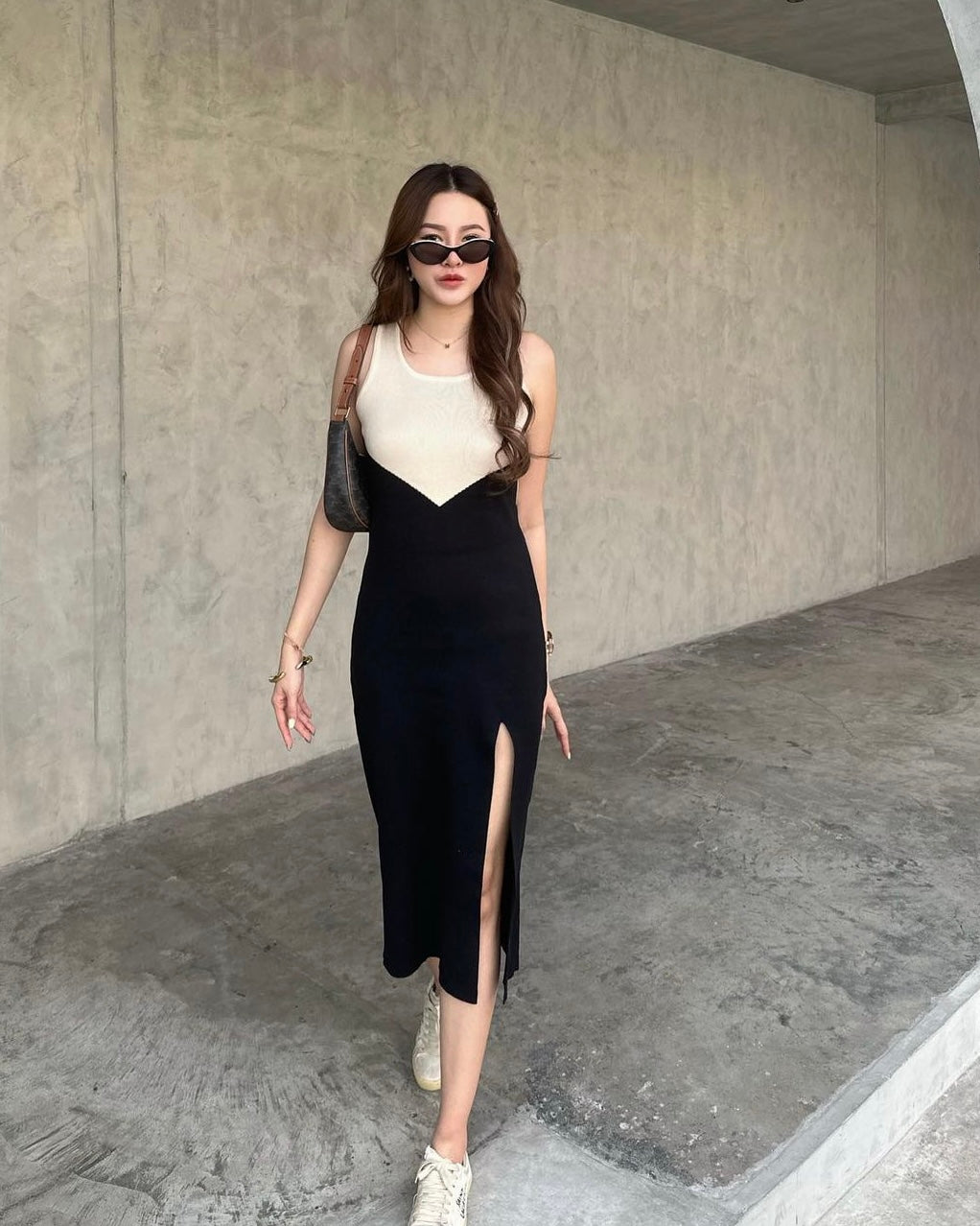 Side Slit Two Tone Square Neck Knitted Dress