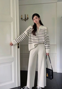 Stripe Long Sleeve Top & Wide Leg Garter Pants Oversize Knitted Terno Set Coords