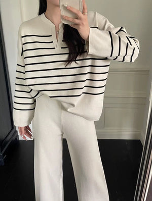 Stripe Long Sleeve Top & Wide Leg Garter Pants Oversize Knitted Terno Set Coords