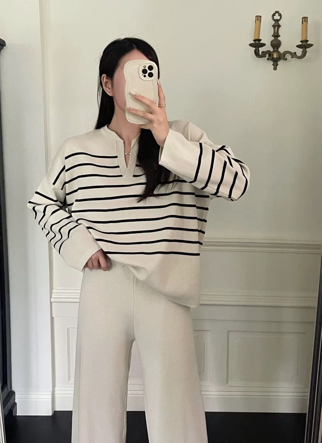 Stripe Long Sleeve Top & Wide Leg Garter Pants Oversize Knitted Terno Set Coords