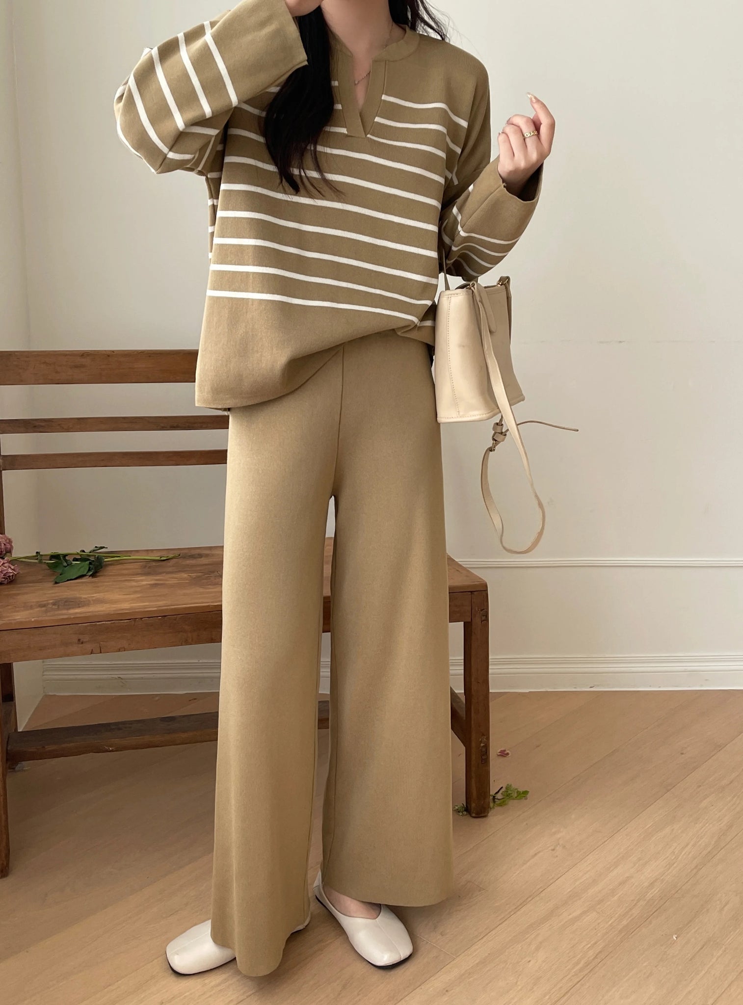 Stripe Long Sleeve Top & Wide Leg Garter Pants Oversize Knitted Terno Set Coords