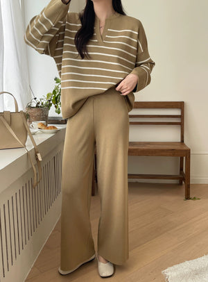 Stripe Long Sleeve Top & Wide Leg Garter Pants Oversize Knitted Terno Set Coords