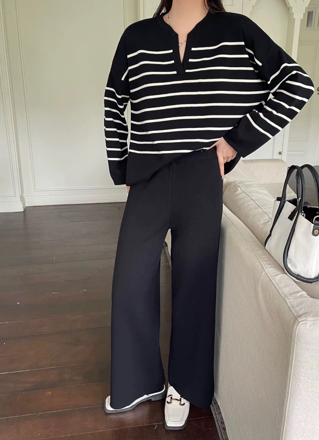 Stripe Long Sleeve Top & Wide Leg Garter Pants Oversize Knitted Terno Set Coords