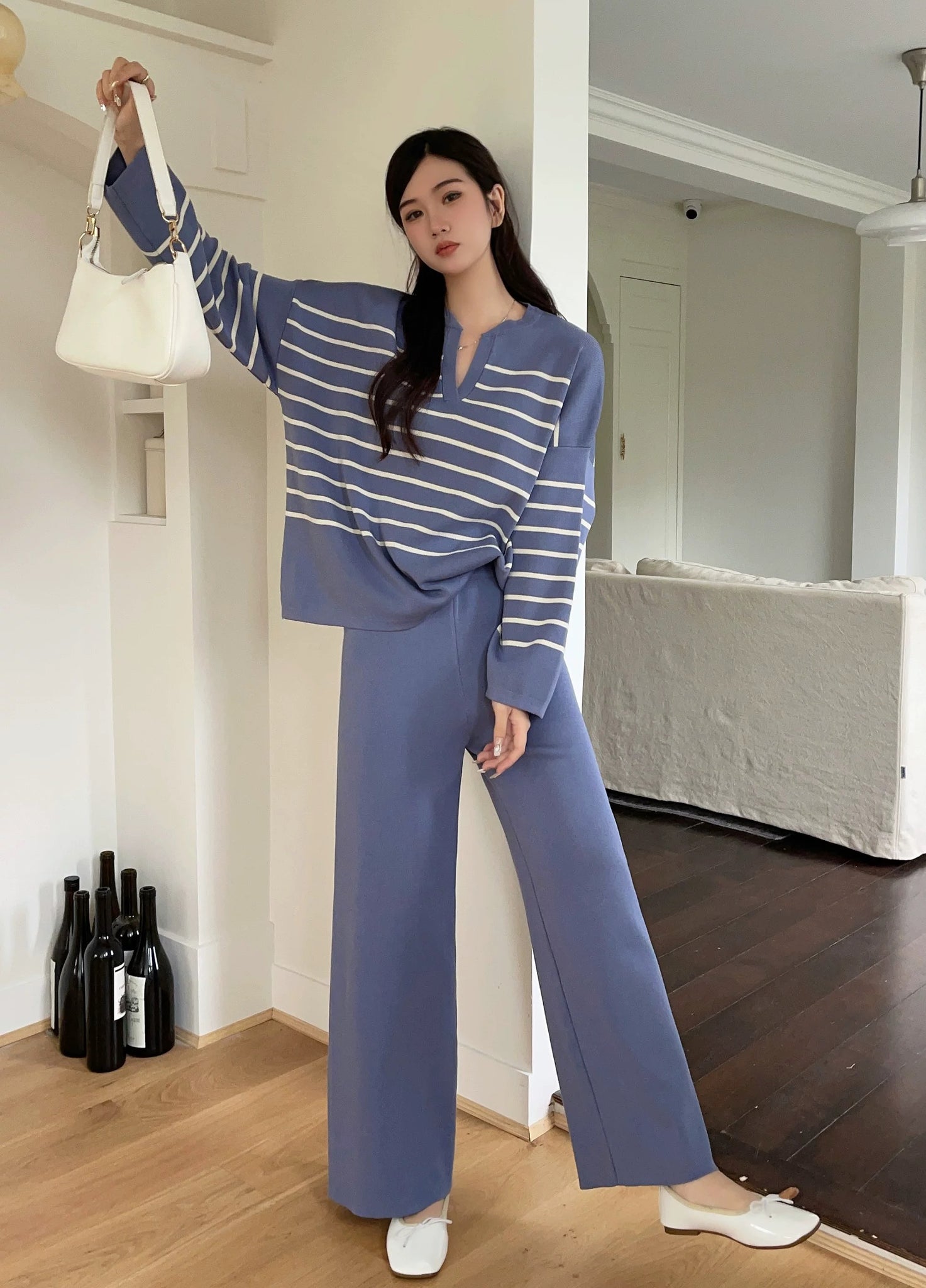 Stripe Long Sleeve Top & Wide Leg Garter Pants Oversize Knitted Terno Set Coords