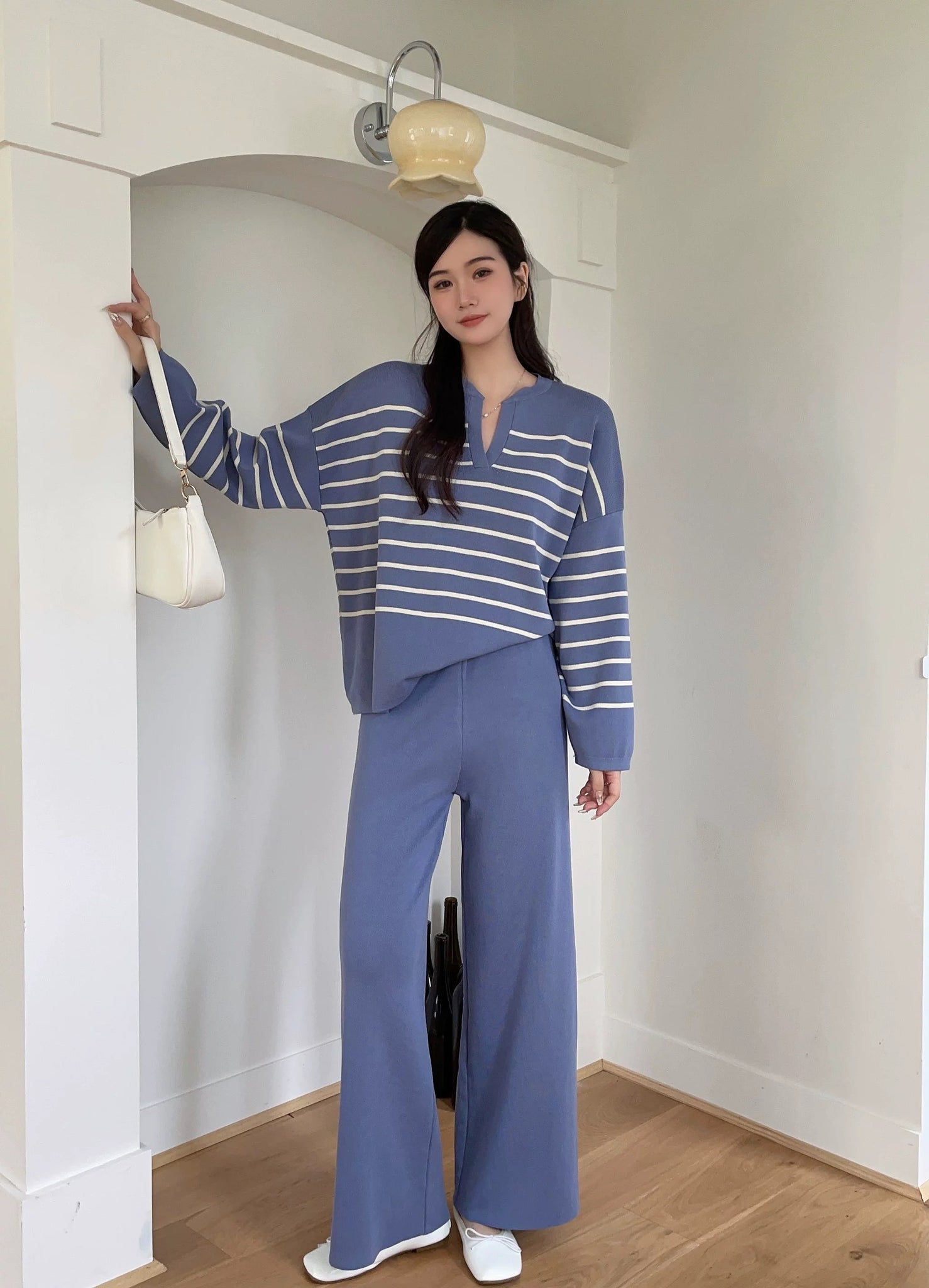 Stripe Long Sleeve Top & Wide Leg Garter Pants Oversize Knitted Terno Set Coords