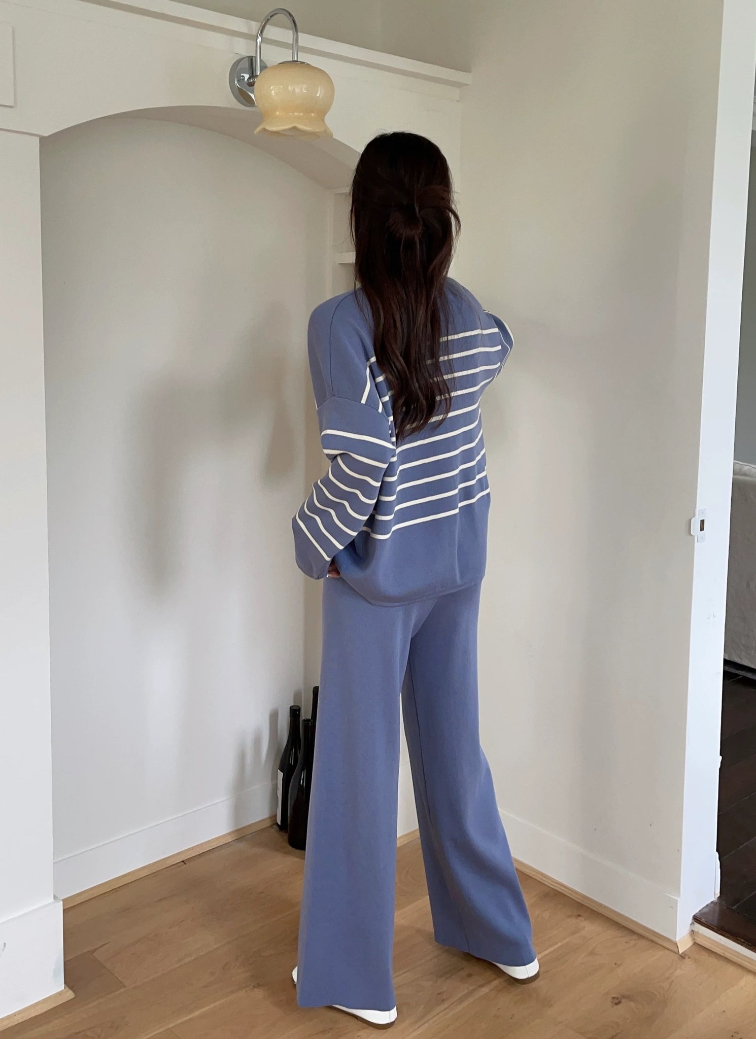 Stripe Long Sleeve Top & Wide Leg Garter Pants Oversize Knitted Terno Set Coords