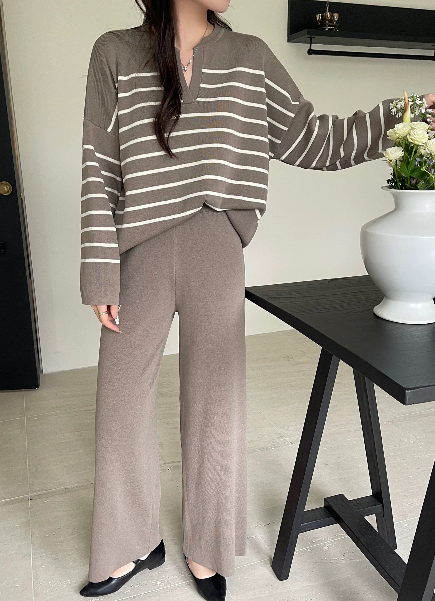 Stripe Long Sleeve Top & Wide Leg Garter Pants Oversize Knitted Terno Set Coords