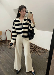 Polo Neck Long Sleeve Stripe Top & Wide Leg Pants Oversize Knitted Terno Set Coords