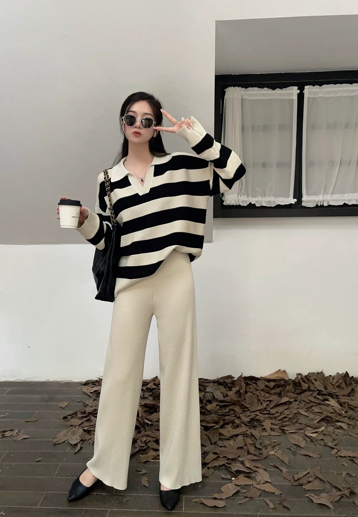 Polo Neck Long Sleeve Stripe Top & Wide Leg Pants Oversize Knitted Terno Set Coords